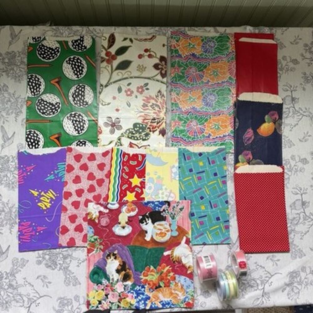 Vtg 80s GIFT WRAP Bags Wrapping Paper Ribbon Golf Birthday Cats Baby Christmas
